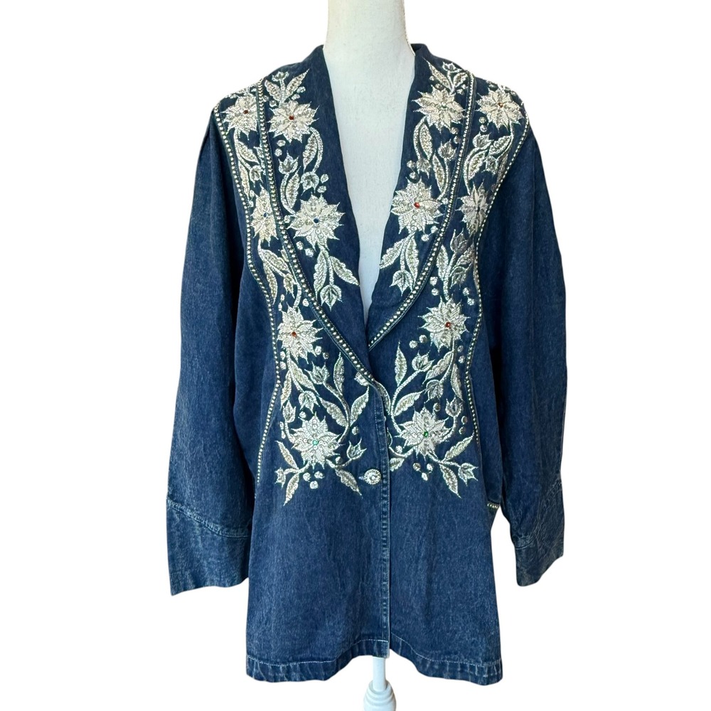 Kokomo Vintage 80s Denim‎ Jacket Embroidered Floral Rhinestone Medium Wash M